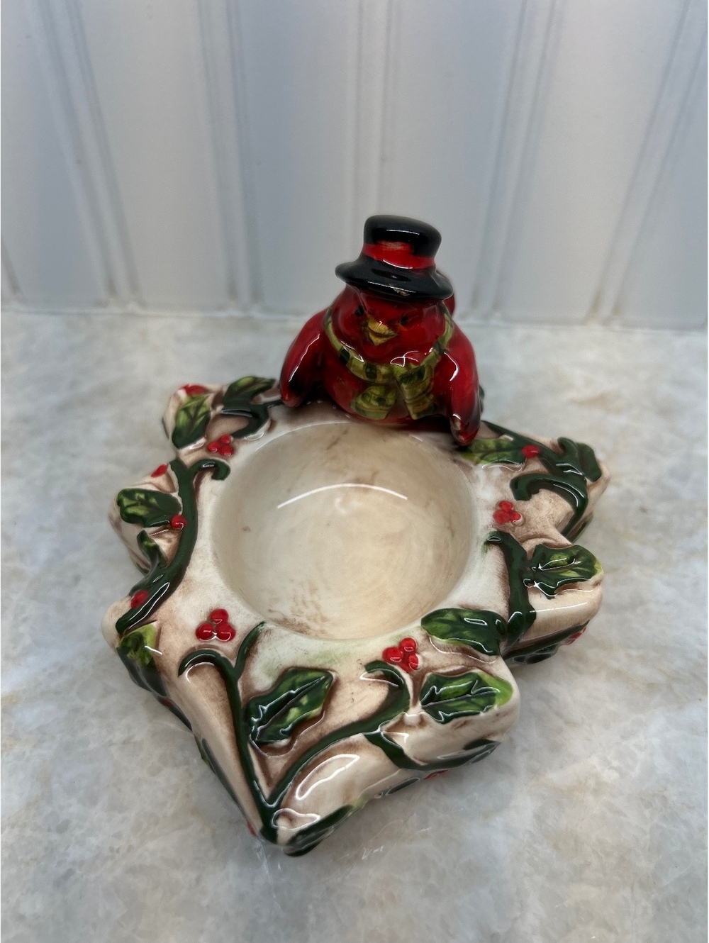 Vintage Festive Ceramic Cardinal & Holly Candle Holder / Trinket Dish